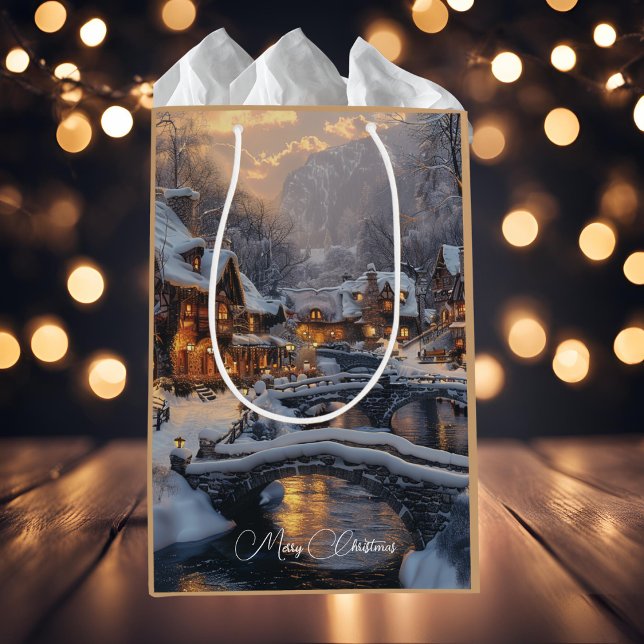 Sacola Para Presentes Pequena Feriado da vila de natal Moonlit Winter (Criador carregado)