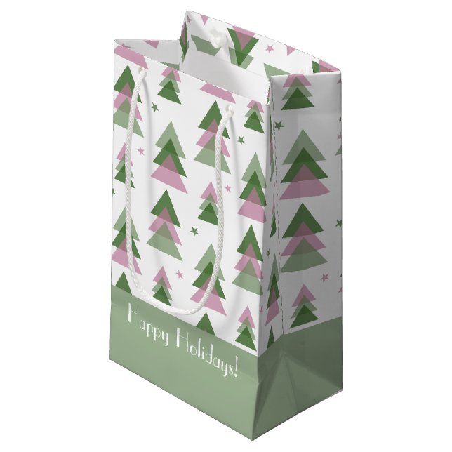 Sacola Para Presentes Pequena Feriado Moderno Rosa e Verde (Frente inclinada)