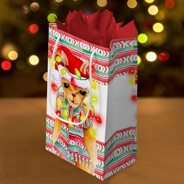 Sacola Para Presentes Pequena Férias de Natal Padrão de aquarela Llama personali (Criador carregado)