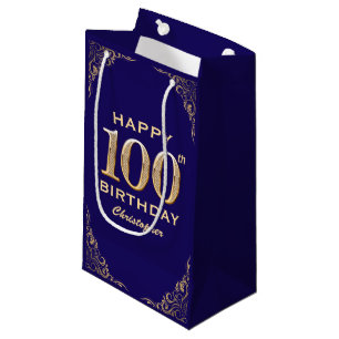 Sacola Para Presentes Pequena festa de aniversário 100º Marinho Azul e Dourada B