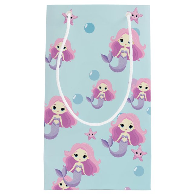 Sacola Para Presentes Pequena Festa de aniversário de Sereia Bonita (Frente)