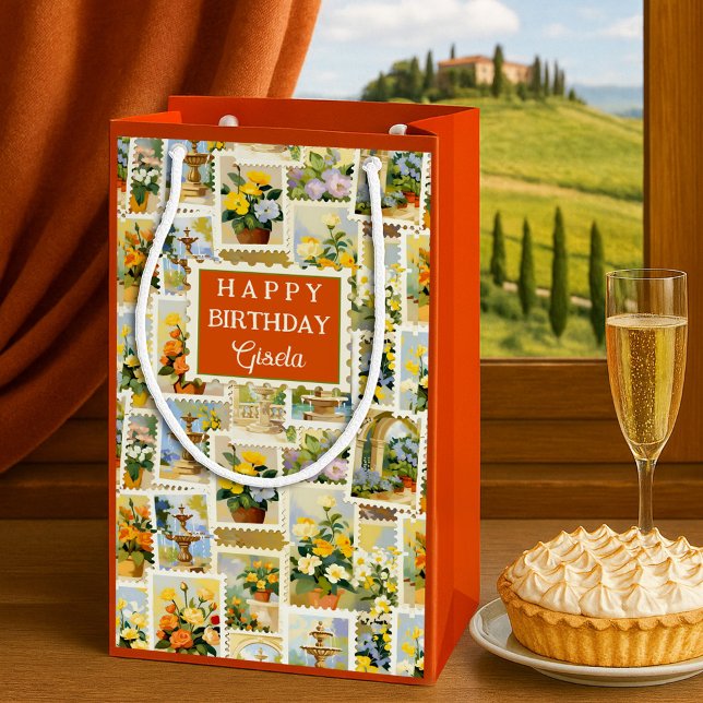 Sacola Para Presentes Pequena Festive Italian Pattern Small  (Small gift bag featuring a whimsical illustration of flowers and fountains in Italian style)