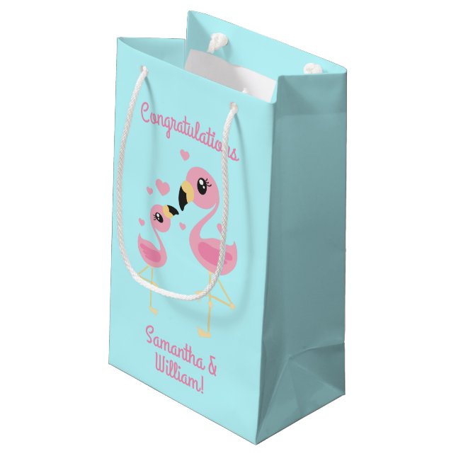 Sacola Para Presentes Pequena Flamingo Chá de fraldas Cute Tropical (Verso inclinado)