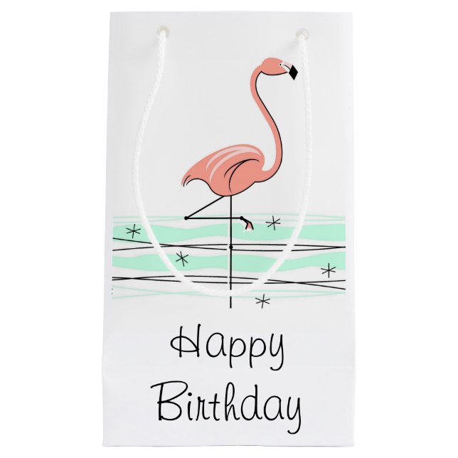 Sacola Para Presentes Pequena Flamingo Ocean Happy Birday (Frente)