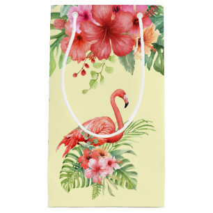 Sacola Para Presentes Pequena Flamingos e Hibiscus, cor de água tropical