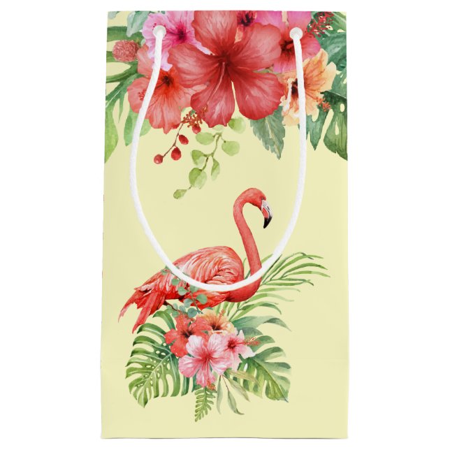 Sacola Para Presentes Pequena Flamingos e Hibiscus Tropicais (Frente)