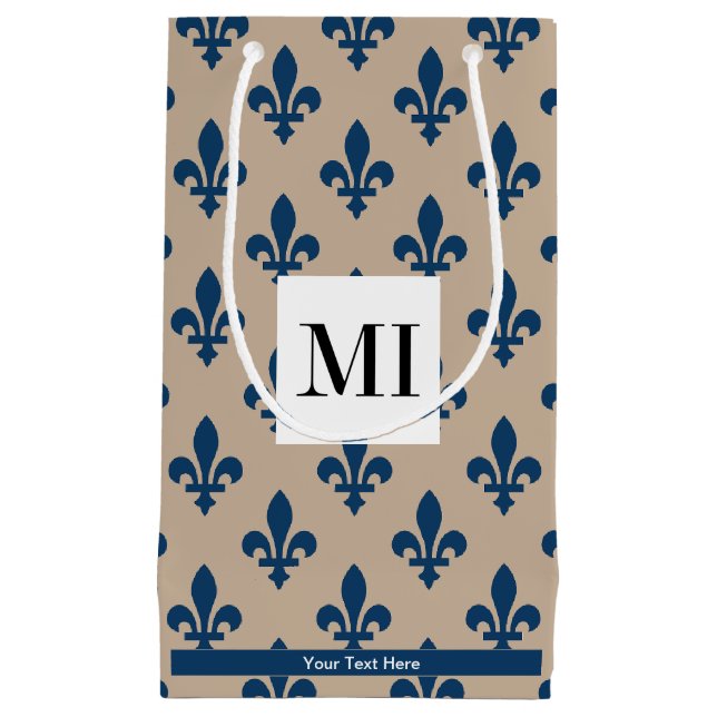 Sacola Para Presentes Pequena Fleur de Lis Pattern, Francês, Real, Azul Marinho (Frente)