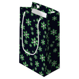 Sacola Para Presentes Pequena Flocos de Neve Verdes e Brancos c/ Fundo Azul