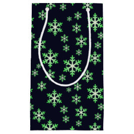Sacola Para Presentes Pequena Flocos de Neve Verdes e Brancos c/ Fundo Azul