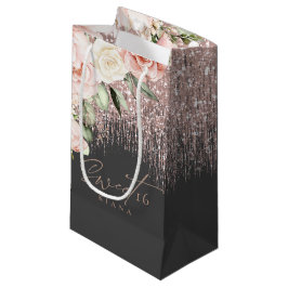 Sacola Para Presentes Pequena Floral Sparkles Sweet XVI Rosa Dourado/Blk ID912