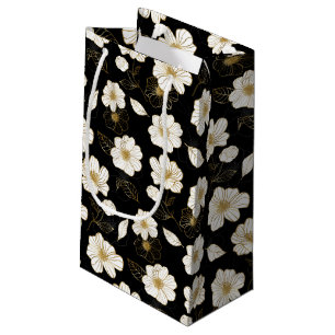 Sacola Para Presentes Pequena Flores Brancas e Douradas em Preto