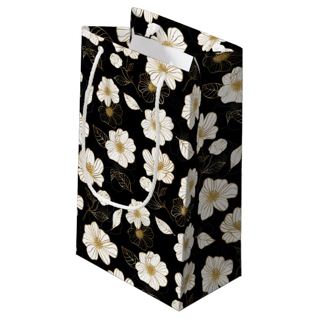 Sacola Para Presentes Pequena Flores Brancas e Douradas em Preto (Verso inclinado)