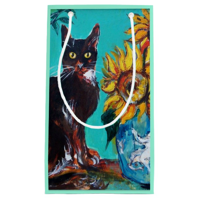 SACOLA PARA PRESENTES PEQUENA FLORES COM GATO PRETO EM TURQUOISMO AZUL (Frente)