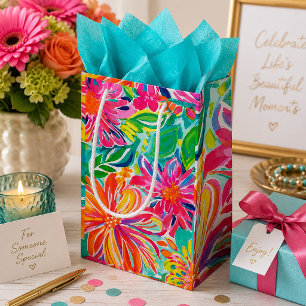 Sacola Para Presentes Pequena Flores de Aquarela Tropicais Laranja Rosa Quente