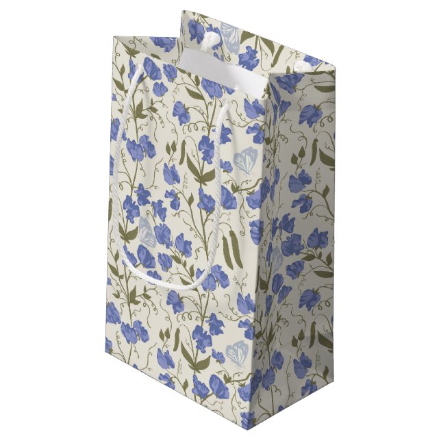 Sacola Para Presentes Pequena Flores de Ervilha Doce Azul e Creme (Verso inclinado)