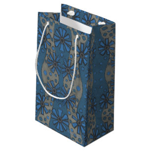 Sacola Para Presentes Pequena Flores de gelo, padrão floral azul e cinza, rústic