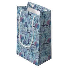 Sacola Para Presentes Pequena Floresta de Veados Azul e Roxo Moderna de Feriado