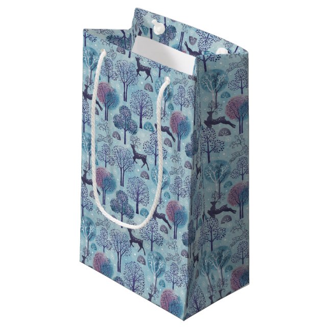 Sacola Para Presentes Pequena Floresta de Veados Azul e Roxo Moderna de Feriado (Frente inclinada)