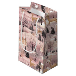 Sacola Para Presentes Pequena Floresta de Veados Rosa com Neve