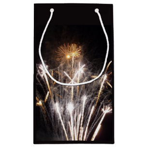 Sacola Para Presentes Pequena Fogos de Artifício Brancos e Dourados II Celebraçã