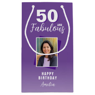 Sacola Para Presentes Pequena Foto de 50 roxas e 50.º aniversário fabuloso
