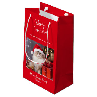 Sacola Para Presentes Pequena Foto de Natal Feliz Personalizada de Gato Fofa