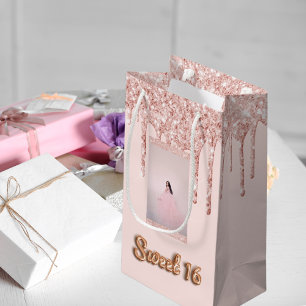 Sacola Para Presentes Pequena Foto do doce glitter rosa dourado 16