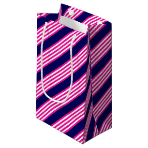 Sacola Para Presentes Pequena Fuchsia e padrão de cinco faixas brancas com azul