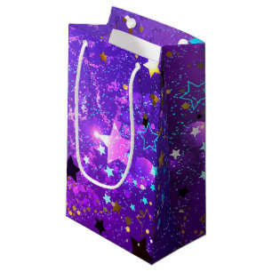 Sacola Para Presentes Pequena Fundo de folhas roxas com estrelas