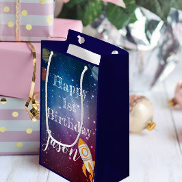Sacola Para Presentes Pequena Galaxy Space Nome do bebê Nome do primeiro anivers
