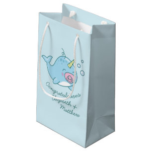 Sacola Para Presentes Pequena Garota Rosa Chá de fraldas Kawaii, Cute Narwhale