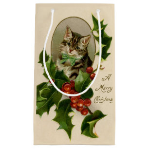 Sacola Para Presentes Pequena Gatinho de Natal Vitoriano em Tabby Antigo com Aze