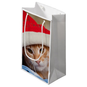Sacola Para Presentes Pequena Gatinho pequeno no chapéu vermelho do Natal