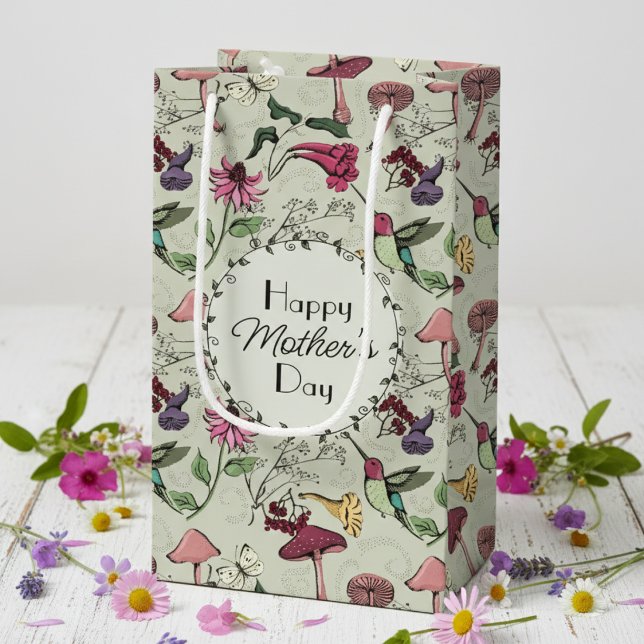 Sacola Para Presentes Pequena Gato de Jardim Encantado pelo Dia de as mães Sage (Pretty Botanical Happy Mother's Day Gift Bags in Sage Green. Floral Hummingbird Wildflowers Pattern)