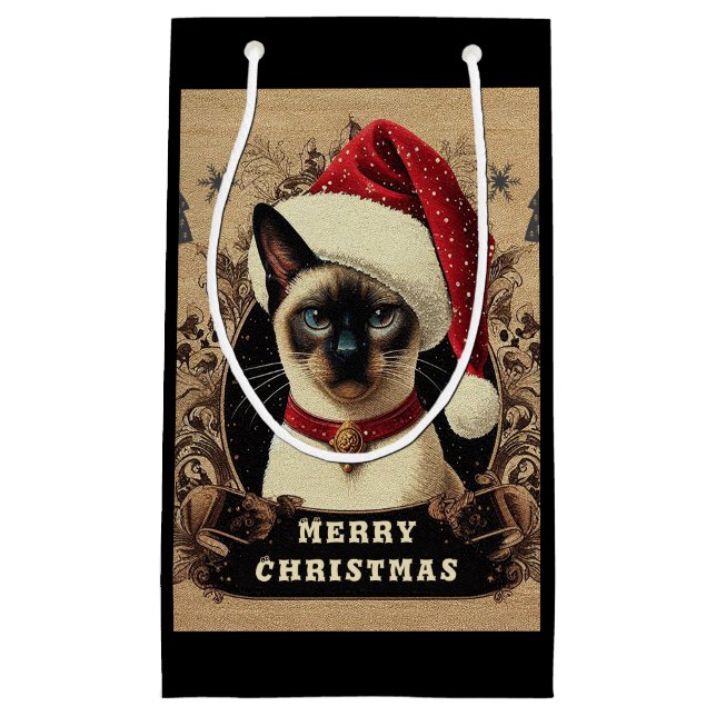 Sacola Para Presentes Pequena Gato de Natal, Gato Siamês, Papais noeis de Natal  (Frente)