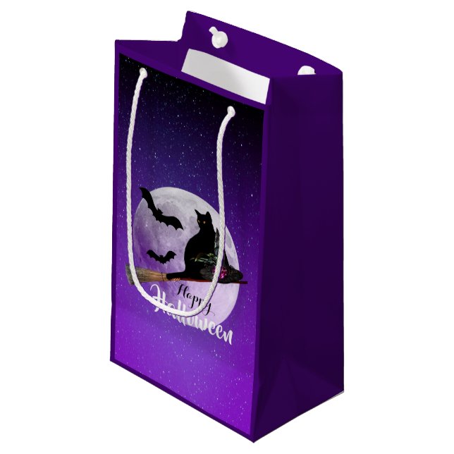 Sacola Para Presentes Pequena Gato Negro Halloween na Lua Cheia (Frente inclinada)