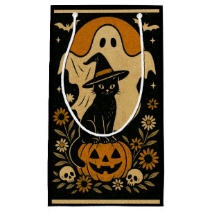 Sacola Para Presentes Pequena Gato Negro no Saco do Presente de Abóbora - Spooky
