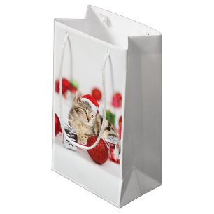 Sacola Para Presentes Pequena Gato vestindo Enfeites de natal de chapéu vermelho