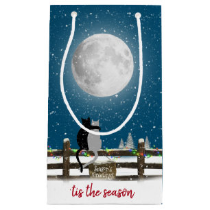Sacola Para Presentes Pequena Gatos de Natal na cerca com lua