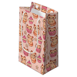 Sacola Para Presentes Pequena Gatos e Cupcakes Cutes Cons e Padrões Rosa