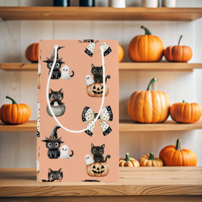 Sacola Para Presentes Pequena Gatos e Fantasmas Pretos (Halloween Ghosts and Cats Gift  Bag)