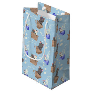 Sacola Para Presentes Pequena Gatos na caixa e leite cai em azul