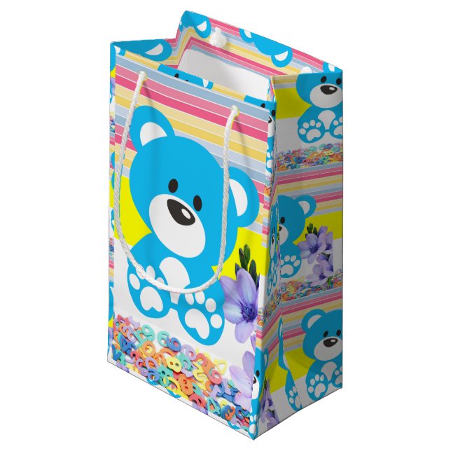 Sacola Para Presentes Pequena Gift Bag Yellow e Blue Teddy Bear Stripe (Frente inclinada)
