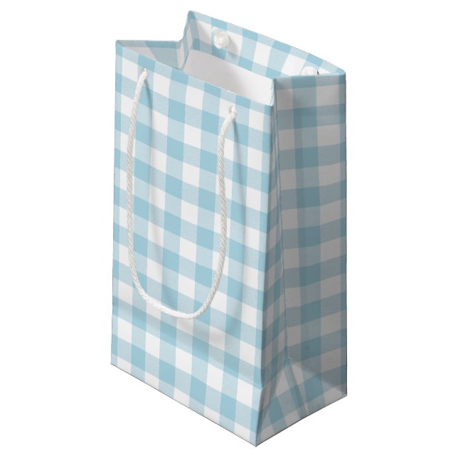 Sacola Para Presentes Pequena Gingham Branco e Azul Claro (Frente inclinada)