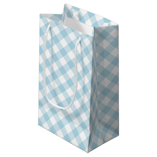 Sacola Para Presentes Pequena Gingham Diagonal Branco e Azul Claro (Frente inclinada)