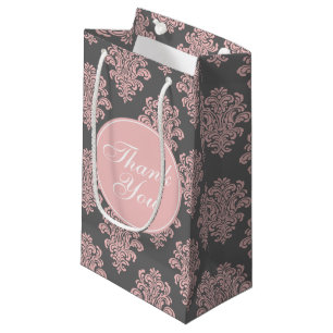 Sacola Para Presentes Pequena Girly Pink e Cinza Damask Obrigado