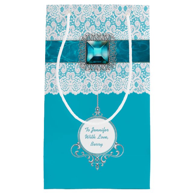 Sacola Para Presentes Pequena Glam Aqua Blue e Lace Custom Gift Bag (Frente)