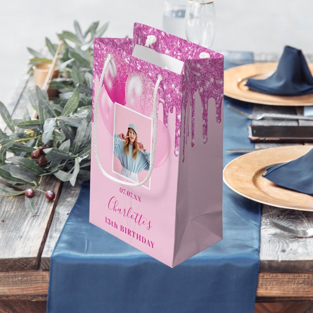 Sacola Para Presentes Pequena Glitter de foto rosa pinga menina (Criador carregado)
