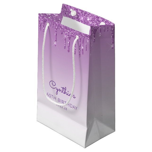Sacola Para Presentes Pequena Glitter Drip 60th Birthday Roxo (Frente inclinada)