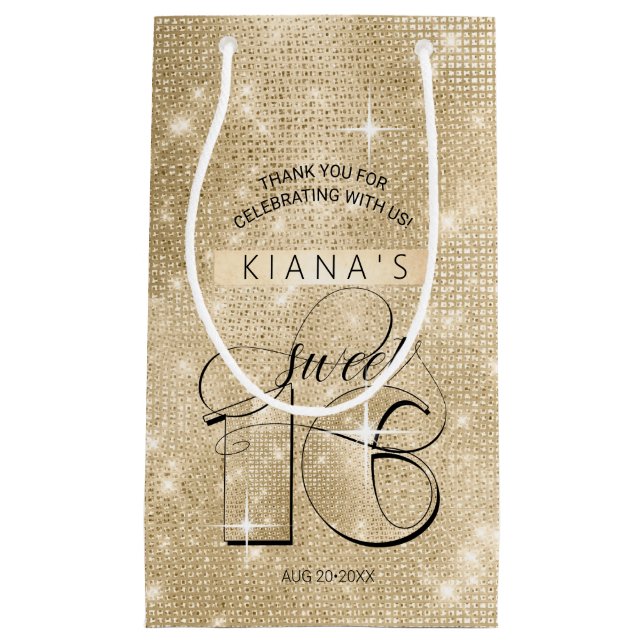 Sacola Para Presentes Pequena Glitter e Shine Sweet 16 Dourado ID675 (Frente)